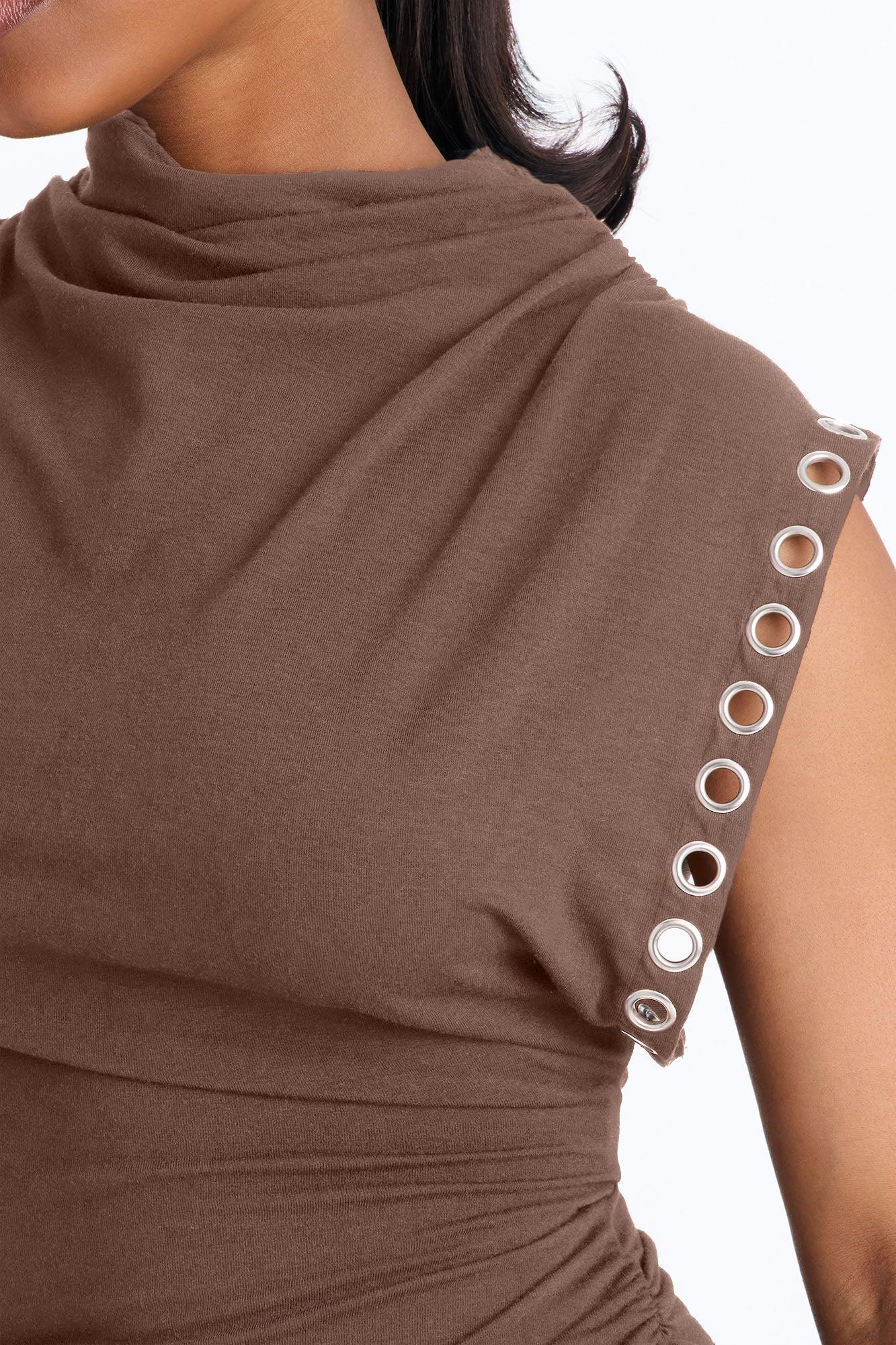 Sabrina Mock Neck Grommet Short Sleeve Top - Mocha Female Product Image