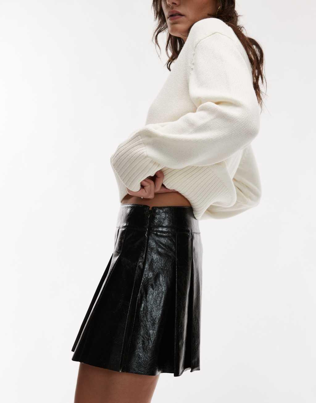 Mango mini leather look pleated skirt in black Product Image