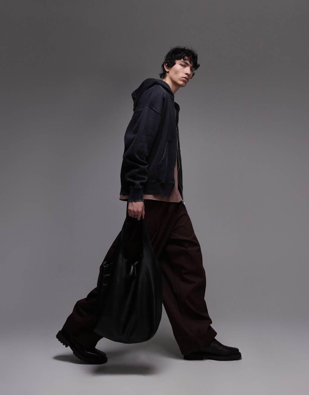 Topman premium heavyweight oversized fit acid wash zip up hoodie in washed black Product Image