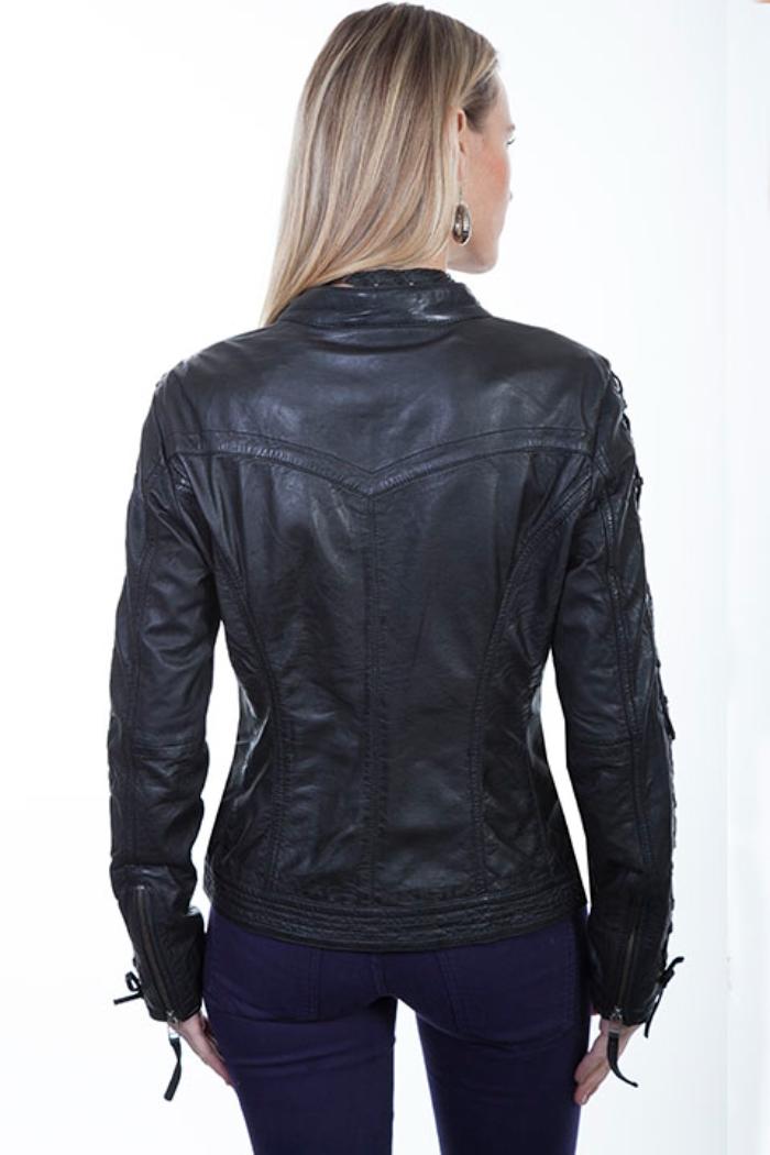 Laced Sleeve Black Lamb Leather Jacket Product Image