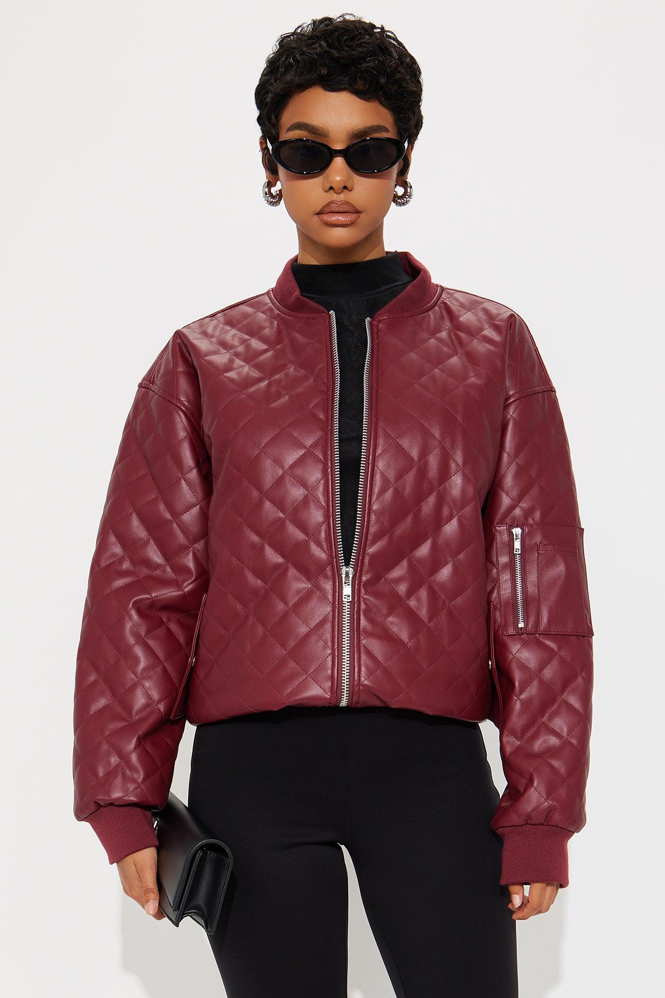 Around The Way Quilted Faux Leather Bomber Jacket - Burgundy Female Product Image