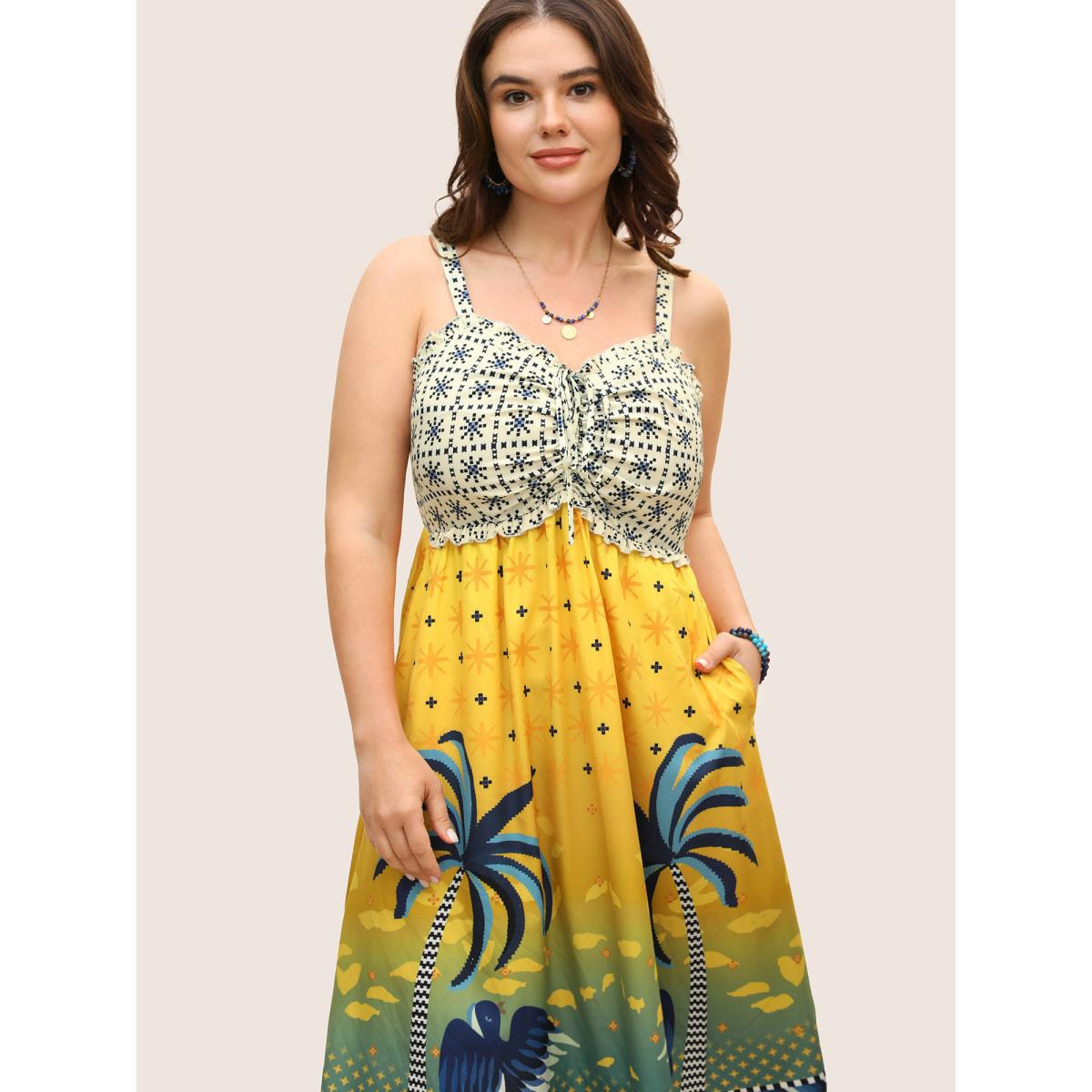 Plus Size Tropical Print Drawstring Frill Trim Dress Lightorange Women Resort Frill Trim Heart neckline Sleeveless Curvy BloomChic 28/5X Product Image