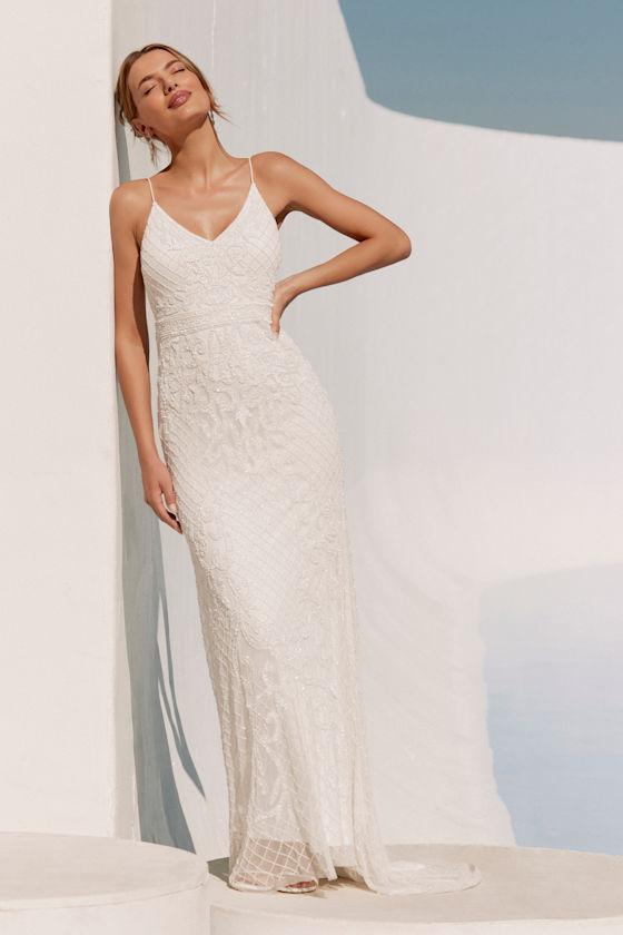Cherished Vow White Beaded Backless Mermaid Maxi Dress Product Image