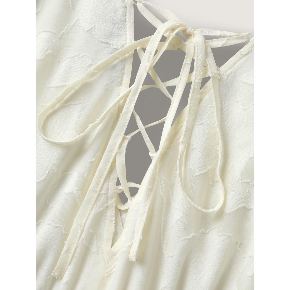 Plus Size Back Tie-Up Sheer Textured Midi Dress Beige Women Overlapping Overlap Collar Short sleeve Curvy BloomChic 14-16/1X Product Image