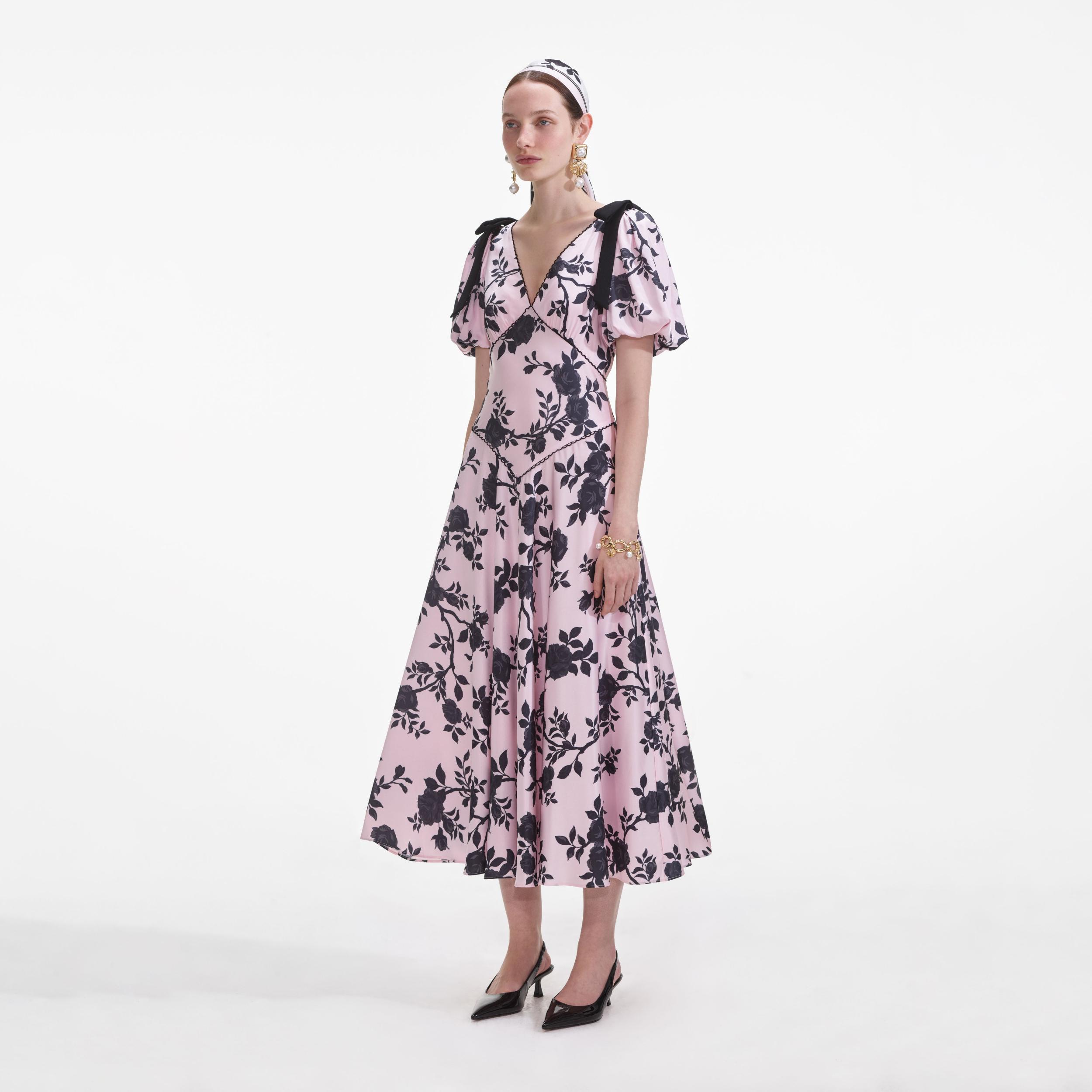 Pink Satin Floral Midi Dress Product Image