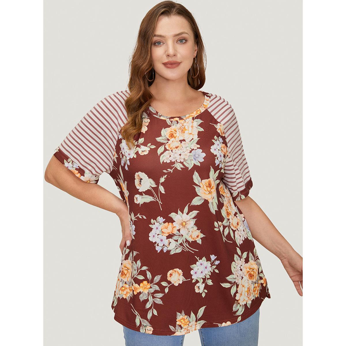Plus Size Floral & Striped Print Patchwork Roll Raglan Sleeve T-shirt Burgundy Women Elegant Patchwork Striped Round Neck Dailywear T-shirts BloomChic 18-20/2X Product Image