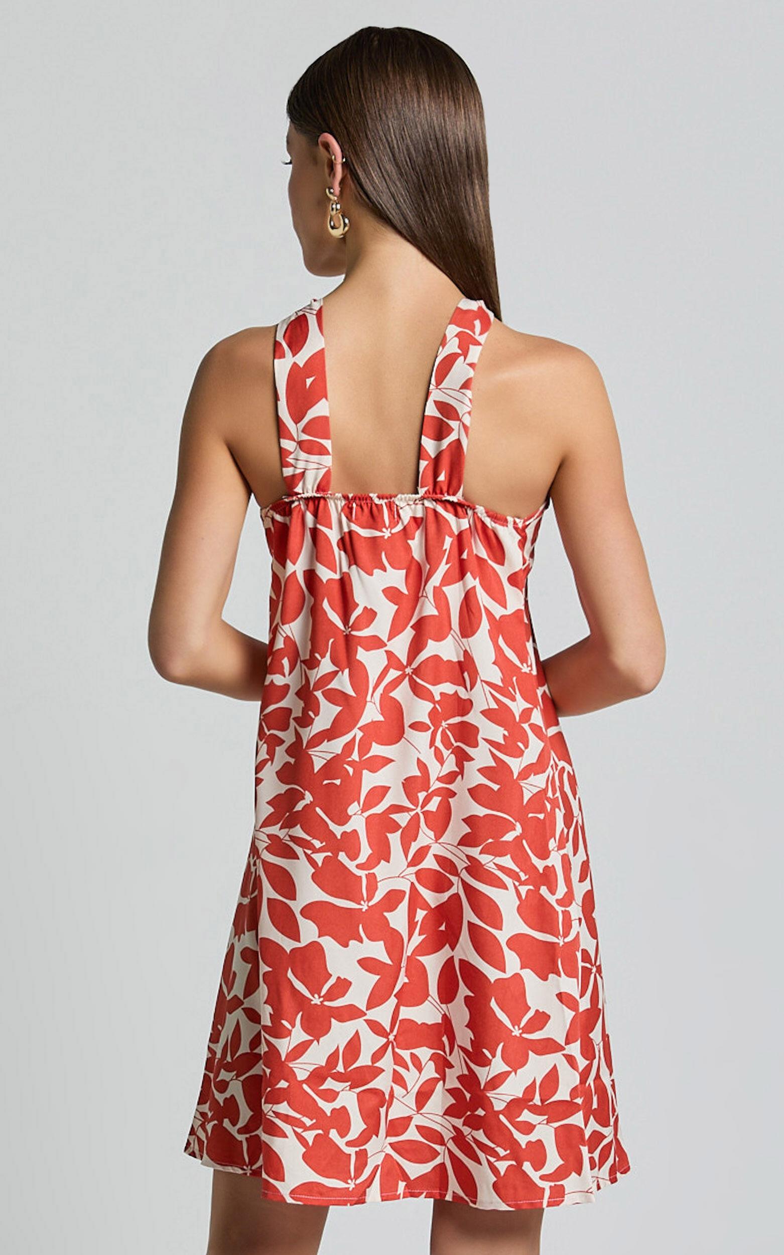 Vicki Mini Dress - Halter Neck A Line Dress in Red Leaf Print Product Image
