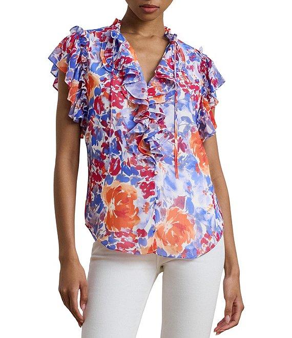 Lauren Ralph Lauren Georgette Floral Ruffle Trim V-Neck Flutter Sleeve Blouse Product Image