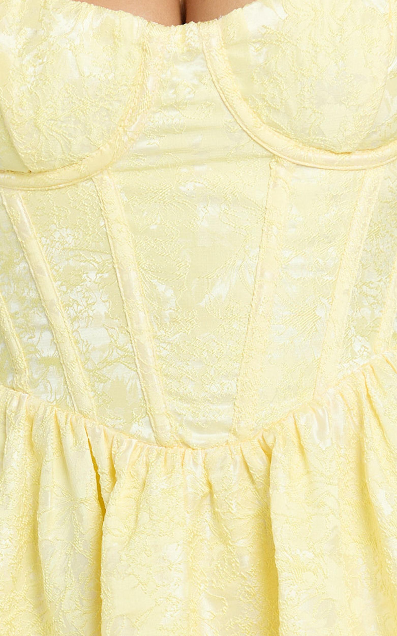 Eden Mini Dress - Jacquard Sweetheart Neck Lace Up Fit And Flare Dress in Yellow Product Image