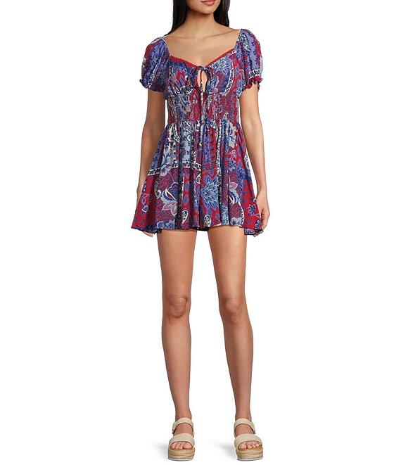 Angie Short Sleeve V-Neck Tie Front Patch Romper Product Image