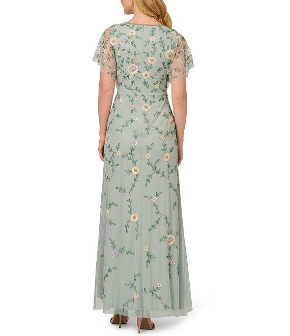Adrianna Papell V-Neck Flutter Sleeve Floral Beaded Mesh Hi-Lo Gown Product Image