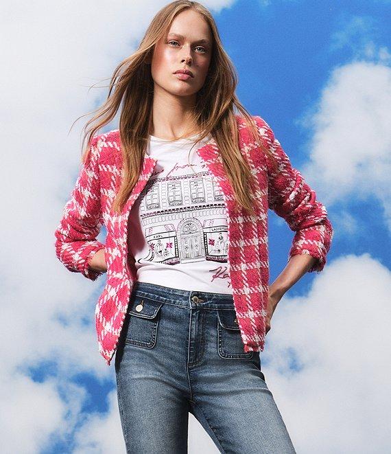 KARL LAGERFELD PARIS Tweed Floral Embellished Round Neck Long Sleeve Open Jacket Product Image