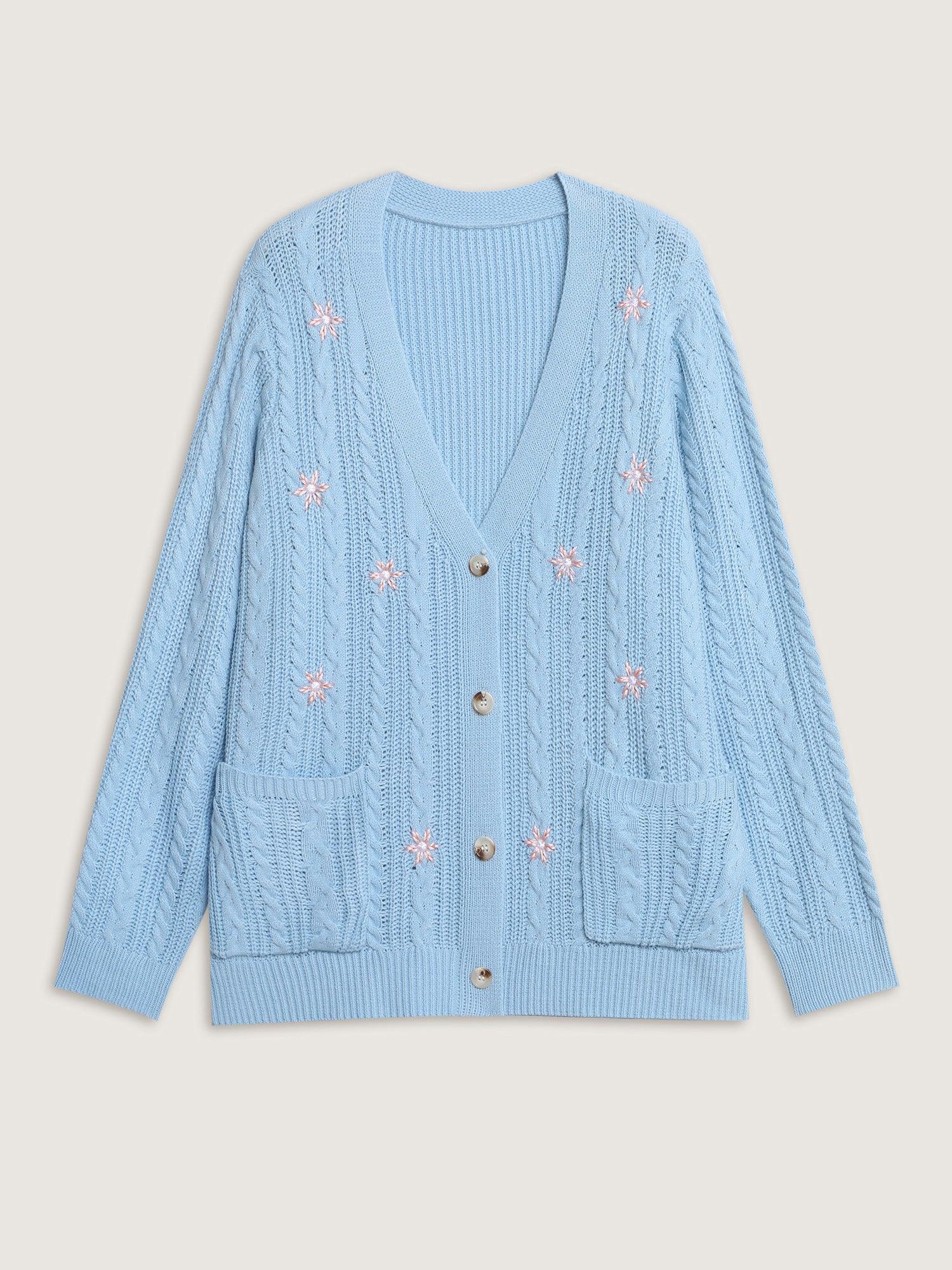 Braided Texture Floral Embroidery Knit Cardigan Female Product Image