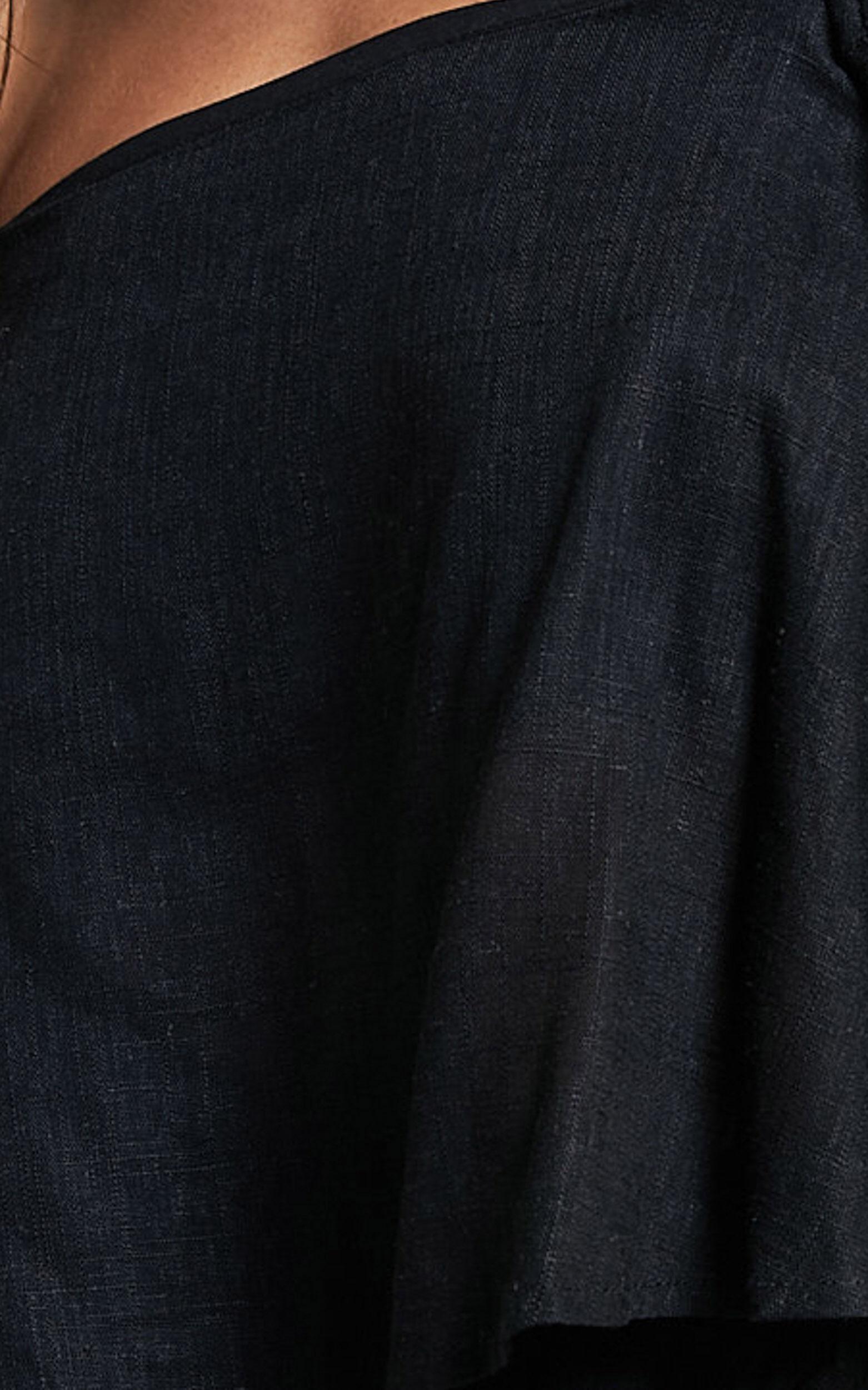 Amalie The Label - Juletta Linen Blend Flutter Sleeve Top and Midi Skirt Two Piece Set in Black Product Image