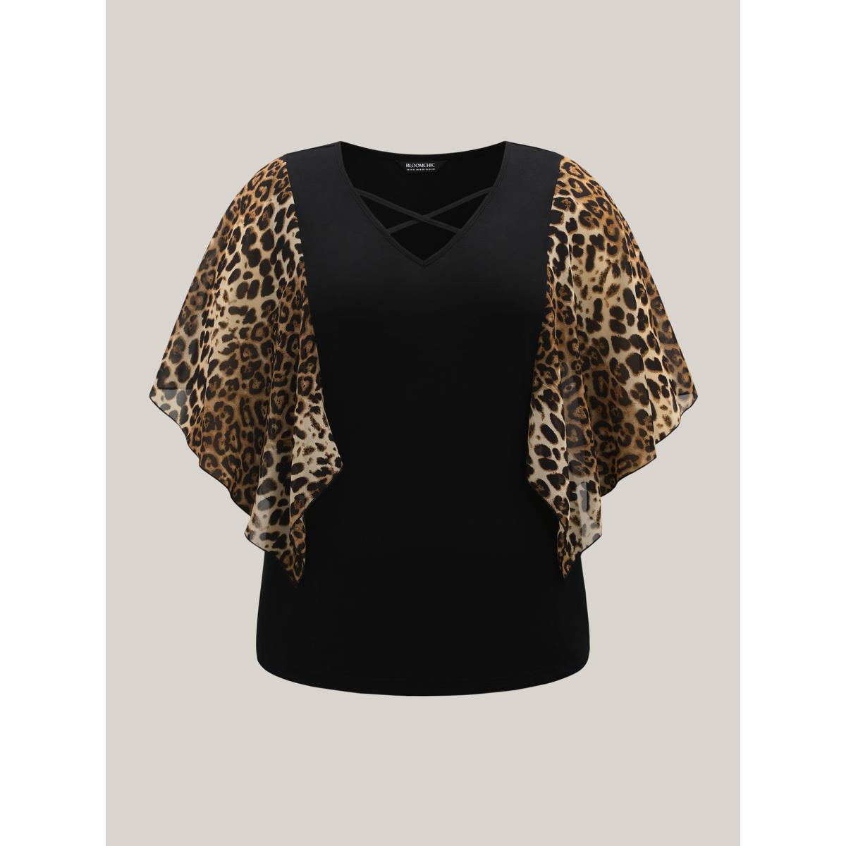 Plus Size Leopard Spliced Tied Flared Sleeve T-Shirt Black Women Casual Contrast V-neck Everyday T-shirts BloomChic 30/6X Product Image