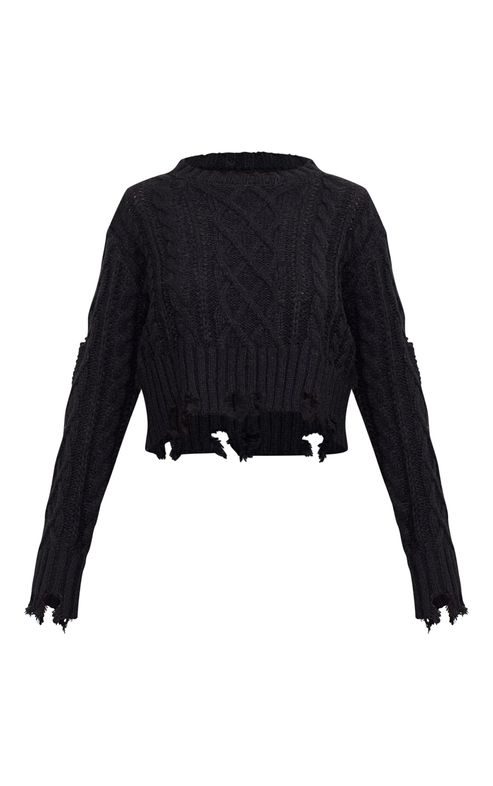 Black Distressed Cable Knit Button Detail Cropped Sweater Product Image