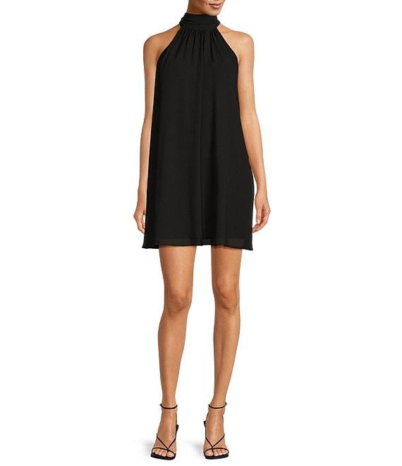 Belle by Badgley Mischka Elise Georgette Turtleneck Sleeveless Back Tie Waistless Trapeze Mini Dress Product Image