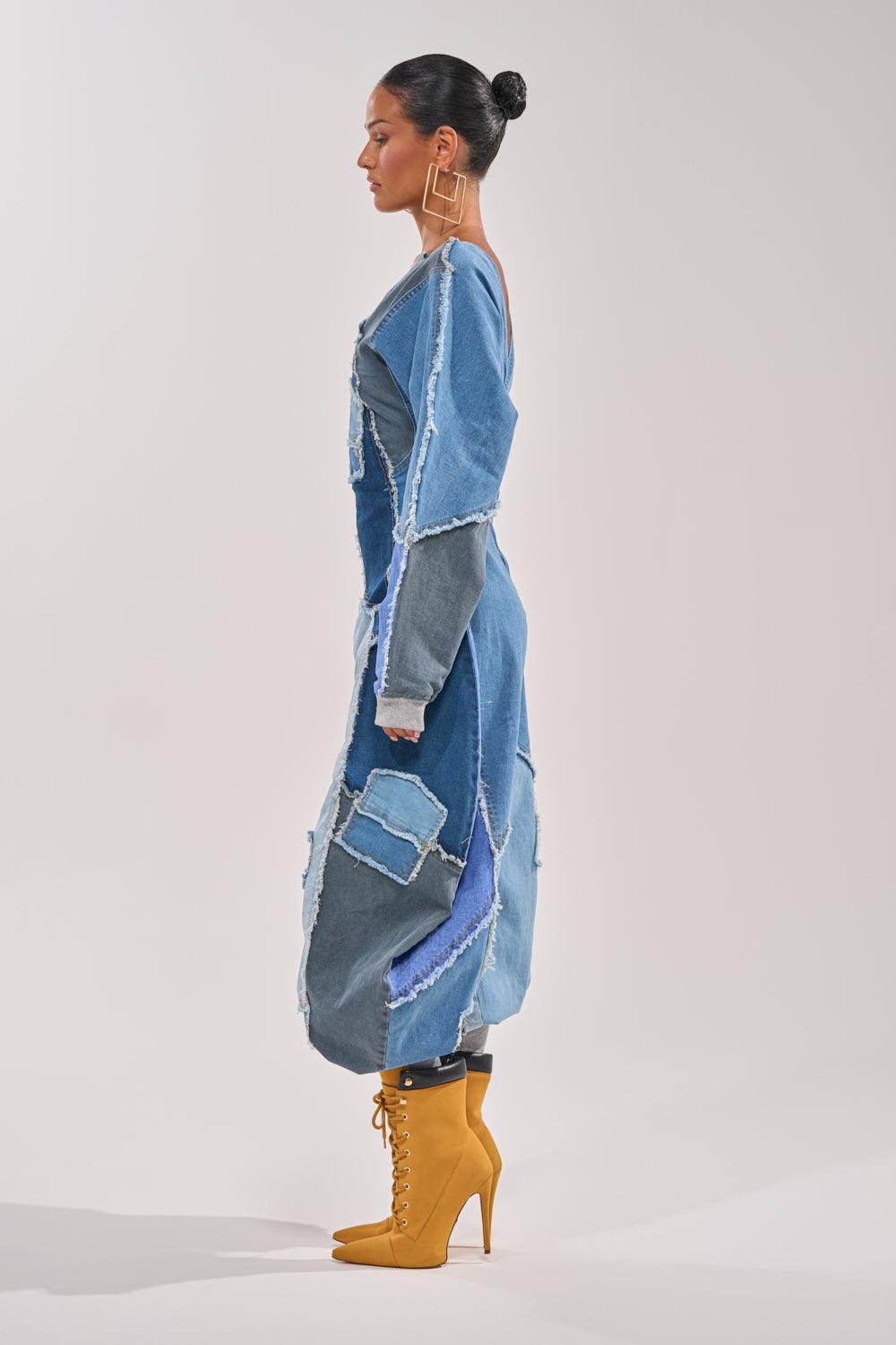 COMFY COZY JUMPSUIT IN DENIM PATCHWORK Product Image