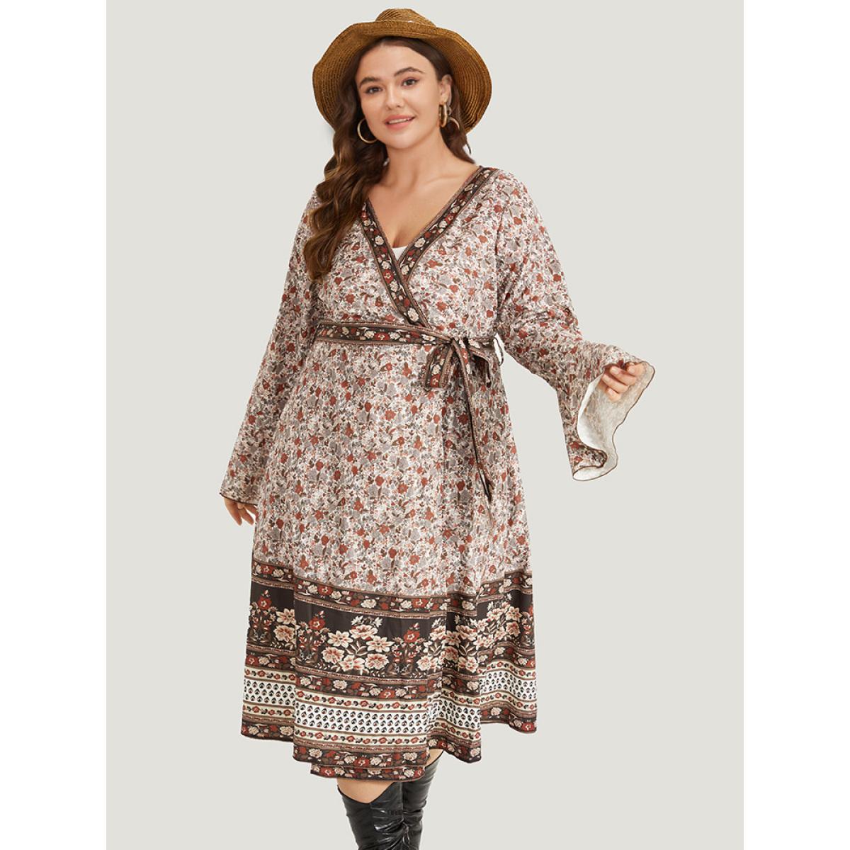 Plus Size Bandana Print Belted Open Front Bell Sleeve Kimono Women Maroon Resort Belted Loose Belt Vacation Kimonos BloomChic 12/L Product Image