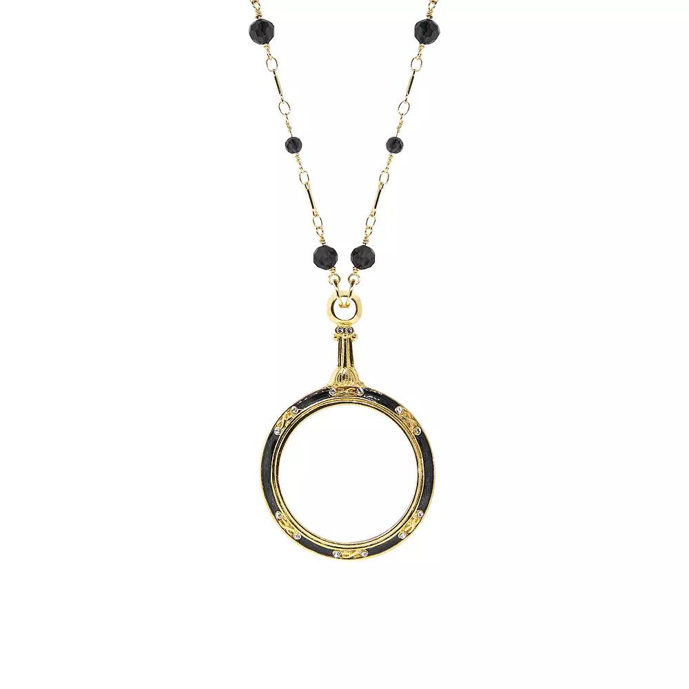1928 Gold Tone Beaded Enamel Magnifier Glass Necklace, Womens, Black Product Image