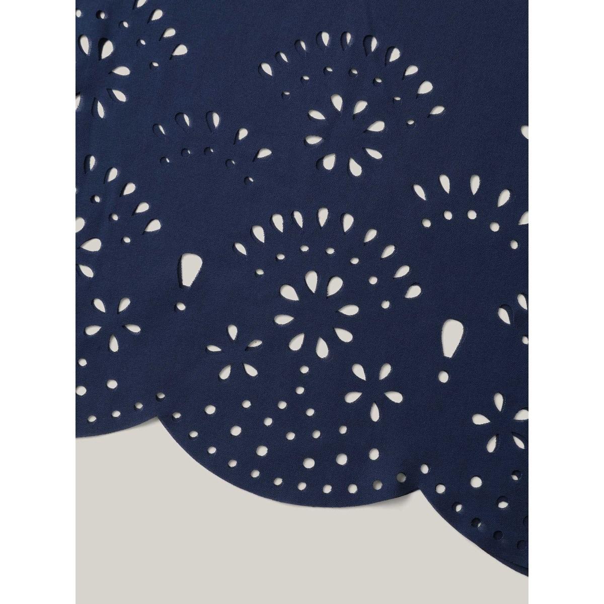 Plus Size Navy Laser-Cut Hem Shirred Wide-Leg Jumpsuit Women Romantic Short sleeve V-neck Elegant Loose Jumpsuits BloomChic 22-24/3X Product Image