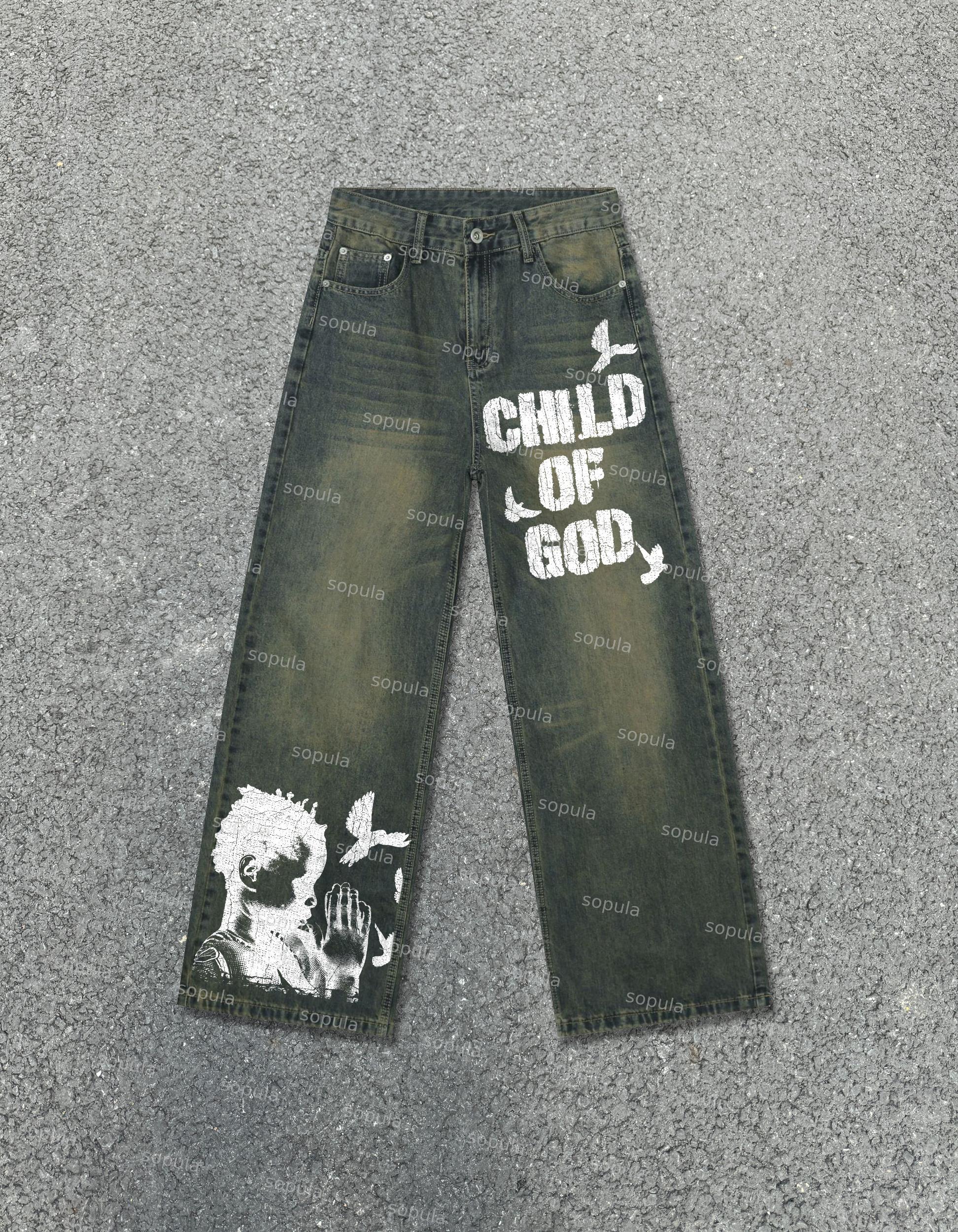 Men's Streetwear Denim Cross Embroidery Jeans Product Image