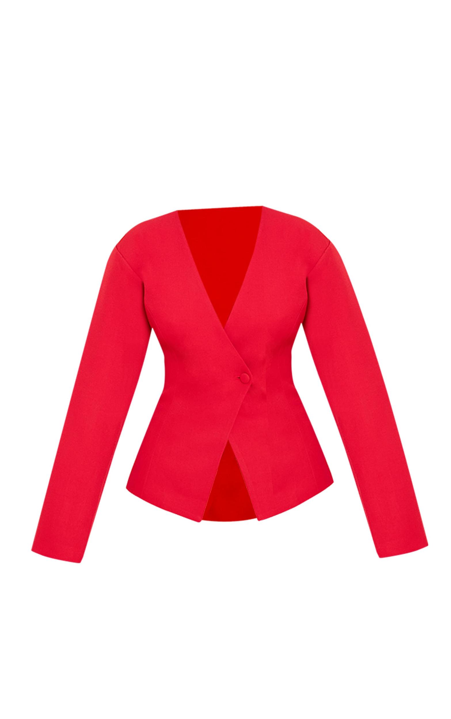 Tomato Red Tailored Cinched Waist Asymmetric Blazer Product Image