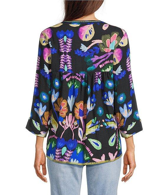 Tru Luxe Jeans Floral Crinkle Embroidered Trim Split Neck 3/4 Sleeve Top Product Image