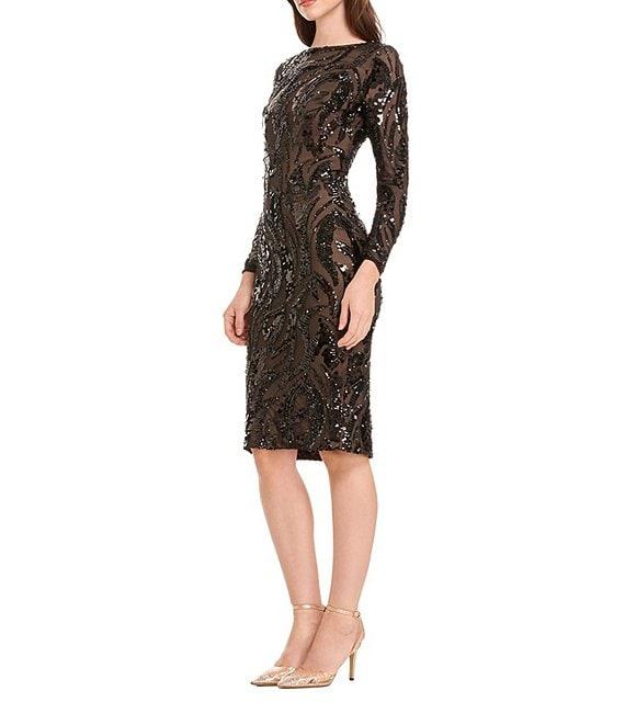 Dress the Population Emmalyn Mesh Sequin Crew Neck Long Sleeve Bodycon Dress Product Image