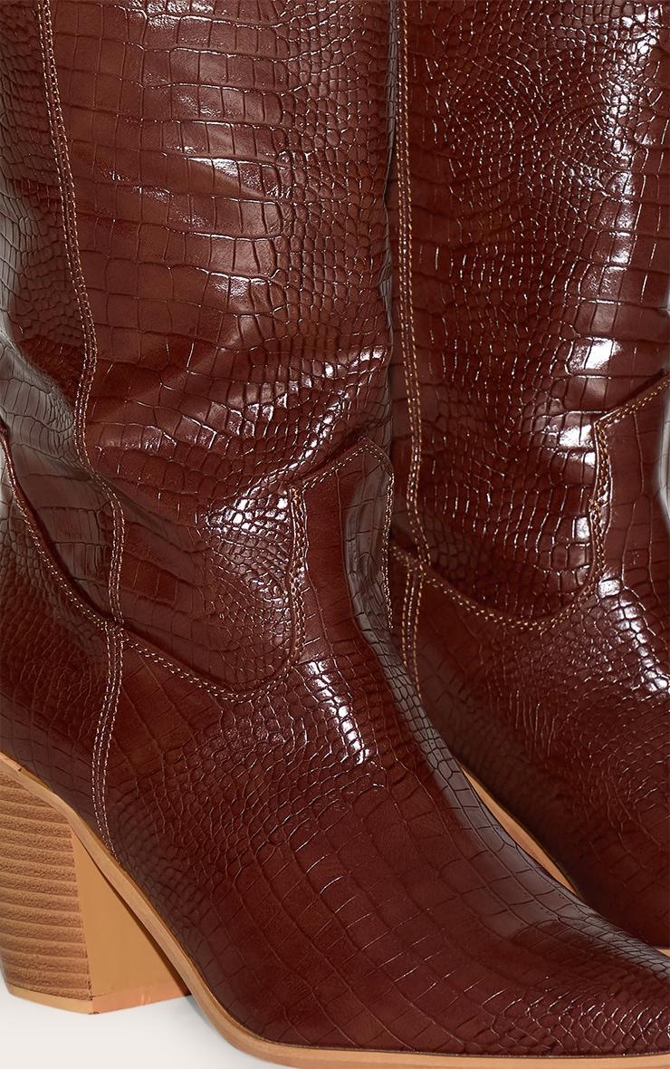 Brown PU Wide Fit Croc Point Toe Knee High Western Boots Product Image