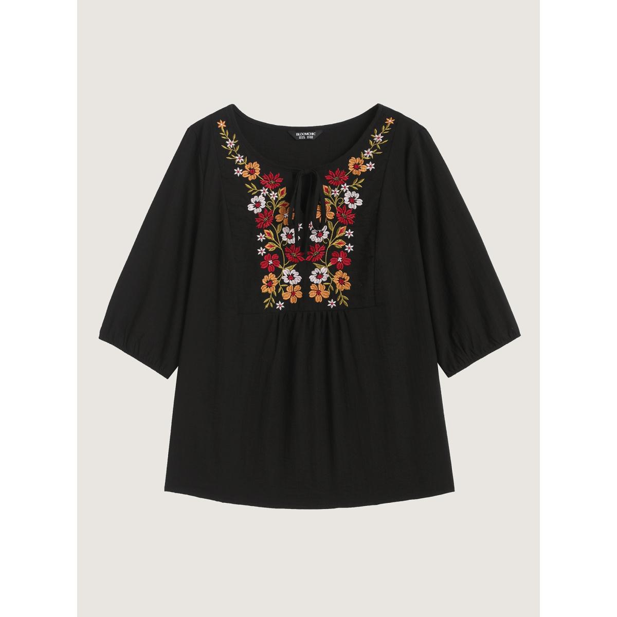 Plus Size Black Floral Embroidered Tie Knot Lantern Sleeve Blouse Women Boho Elbow-length sleeve V-neck Vacation Blouses BloomChic 12/L Product Image