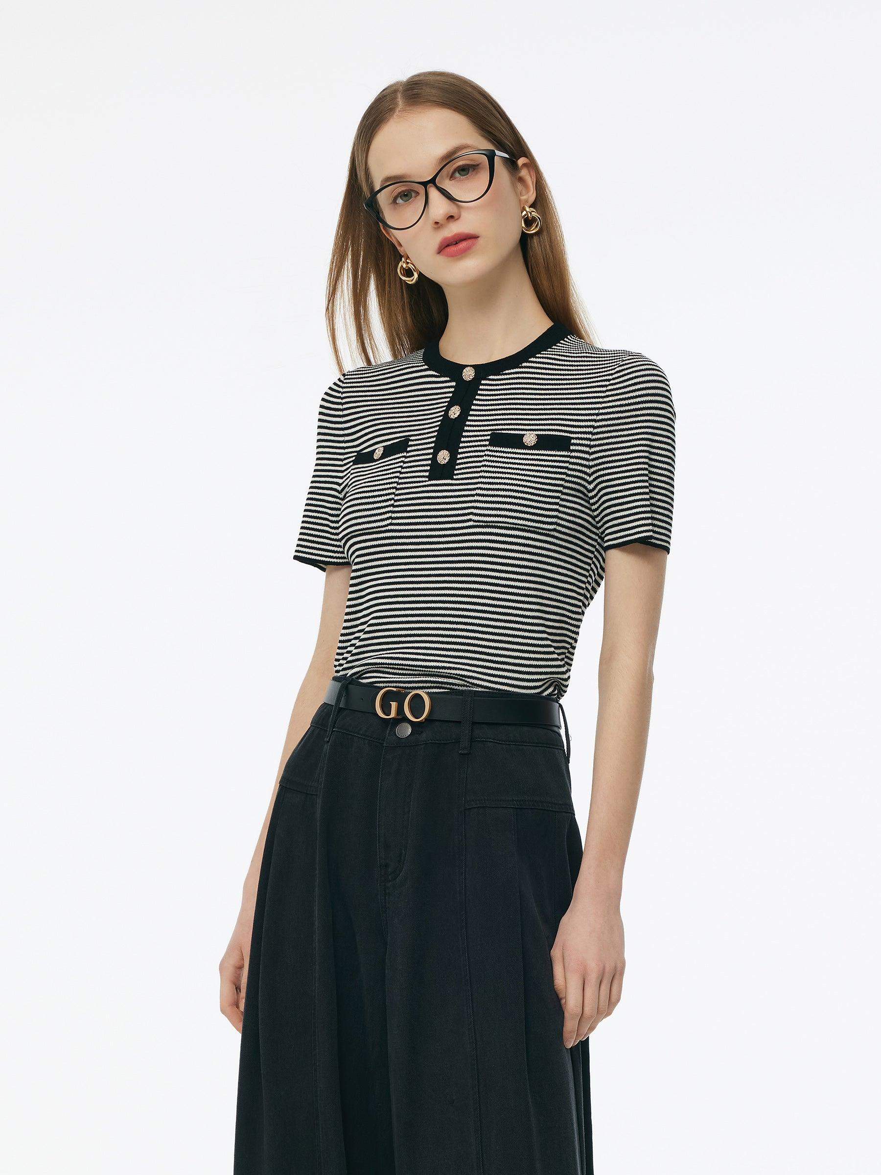 Tencel Blend Black And White Stripe Women Knit Top Product Image