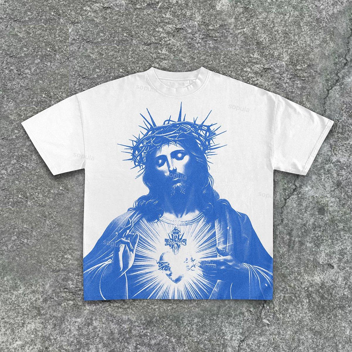 Vintage Jesus Print Round Neck Cotton T-Shirt Product Image