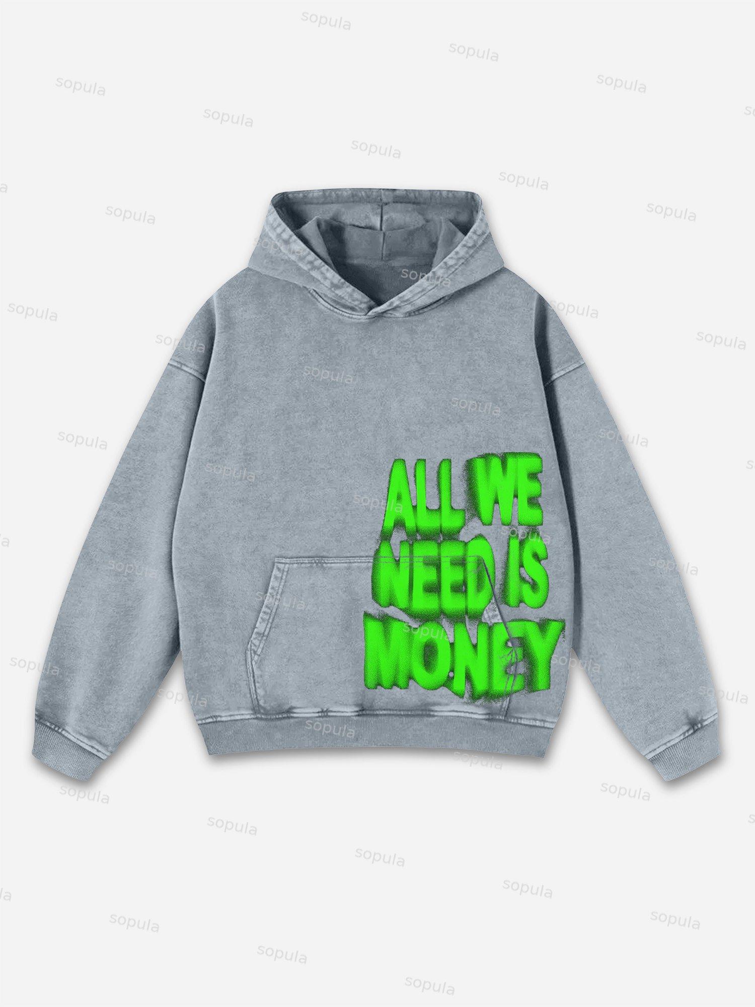 Sopula Vintage All We Need Is Money Graphic Acid Washed Oversized Hoodie Product Image