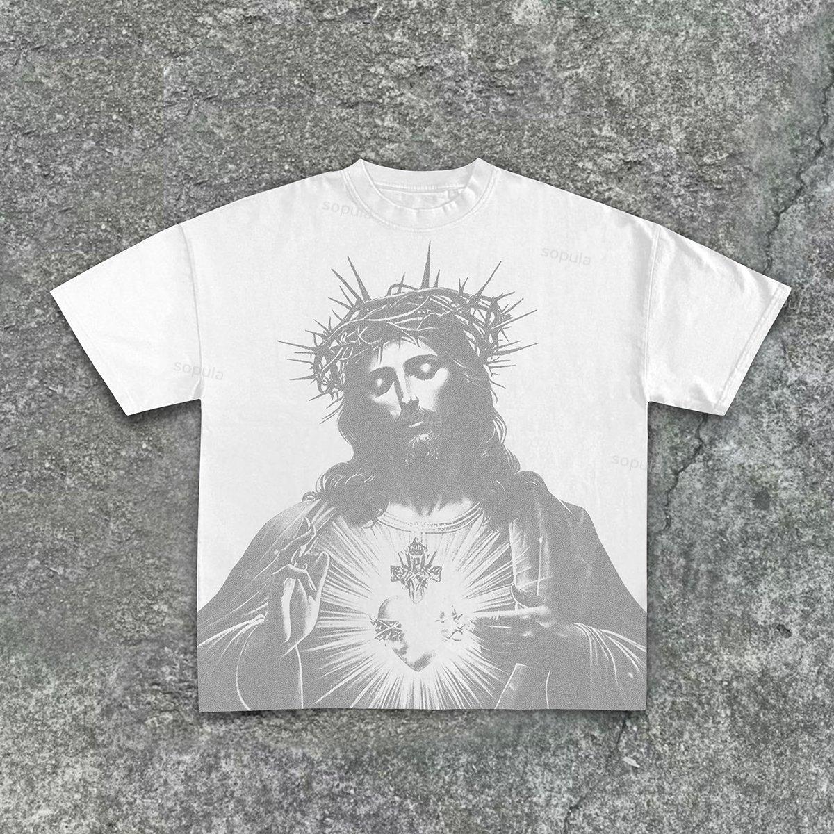 Vintage Jesus Print Round Neck Cotton T-Shirt Product Image