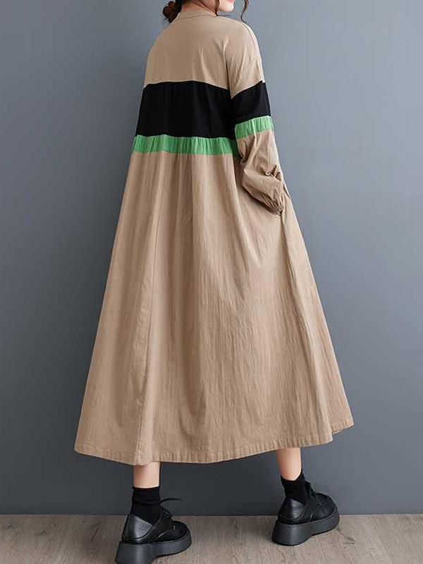 Long Sleeves Loose Buttoned Contrast Color Elasticity Split-Joint Round-neck Midi Dresses Product Image