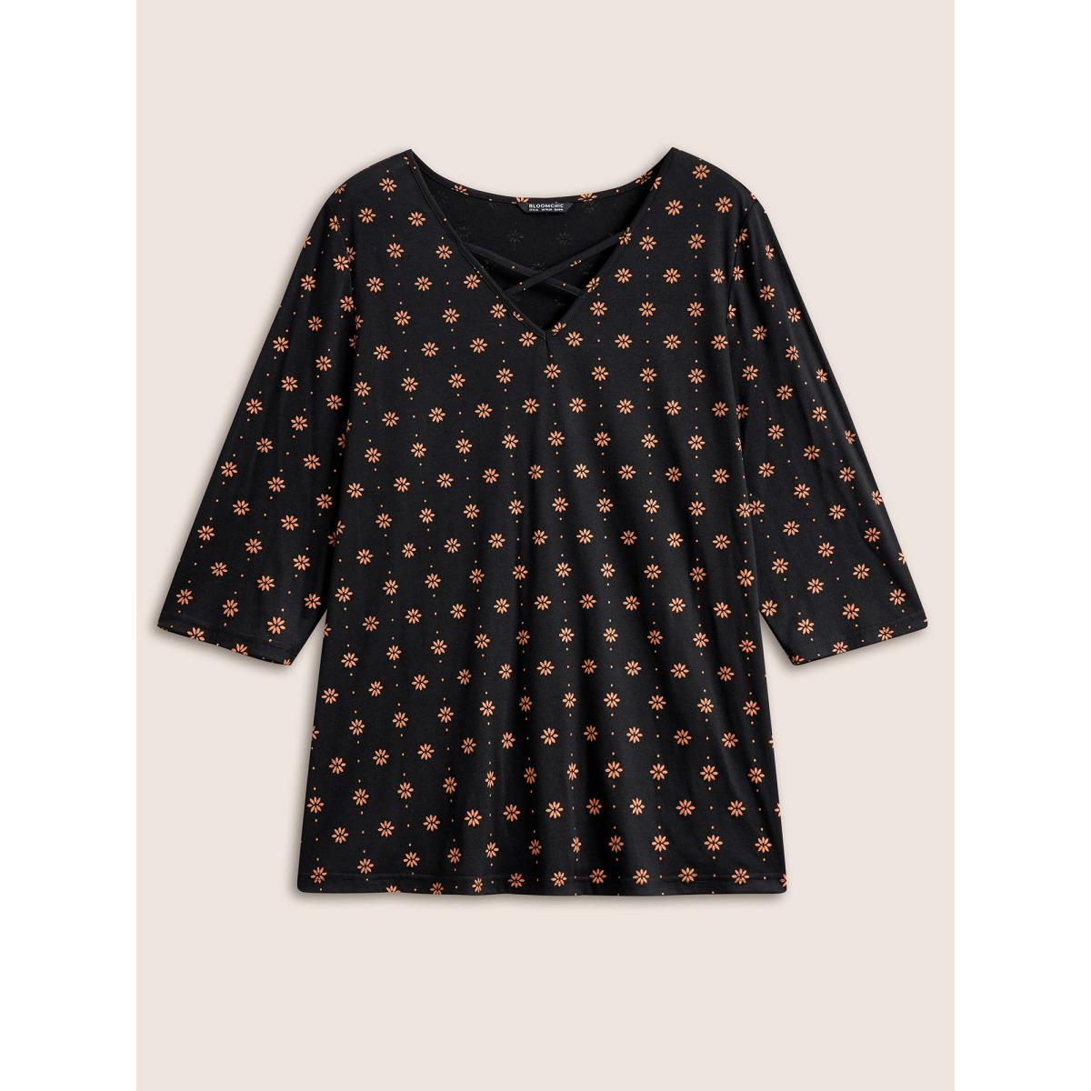 Plus Size Ditsy Floral Print Crisscross Neck T-shirt BlackFlower Women Casual Cross straps Ditsy Floral V-neck Everyday T-shirts BloomChic 30/6X Product Image
