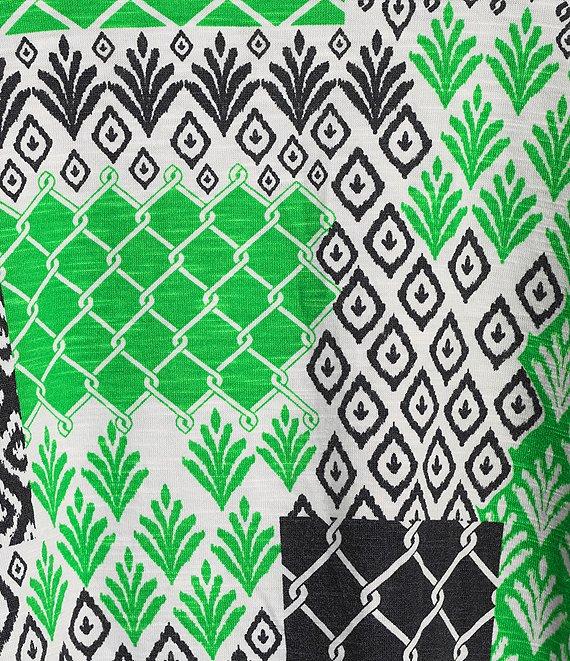 Multiples Slub Knit Georgette Geometric Multi Print Scoop Neck 3/4 Flounce Sleeve Fitted Top Product Image