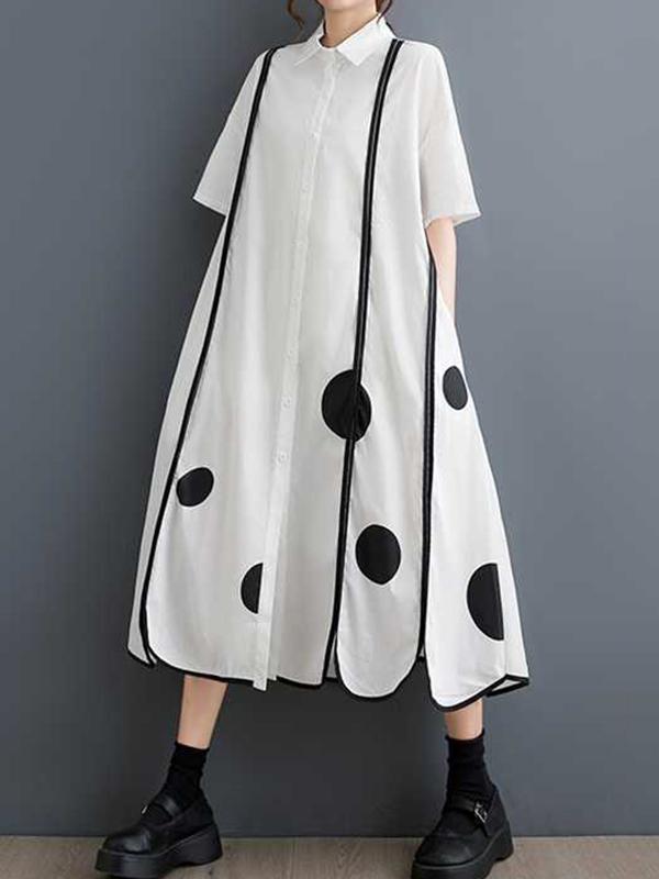 A-Line Half Sleeves Buttoned Pockets Polka-Dot Split-Front Split-Joint Lapel Midi Dresses Shirt Dress Product Image