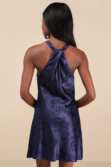 Got the Key Navy Satin Floral Jacquard Halter Mini Dress Product Image
