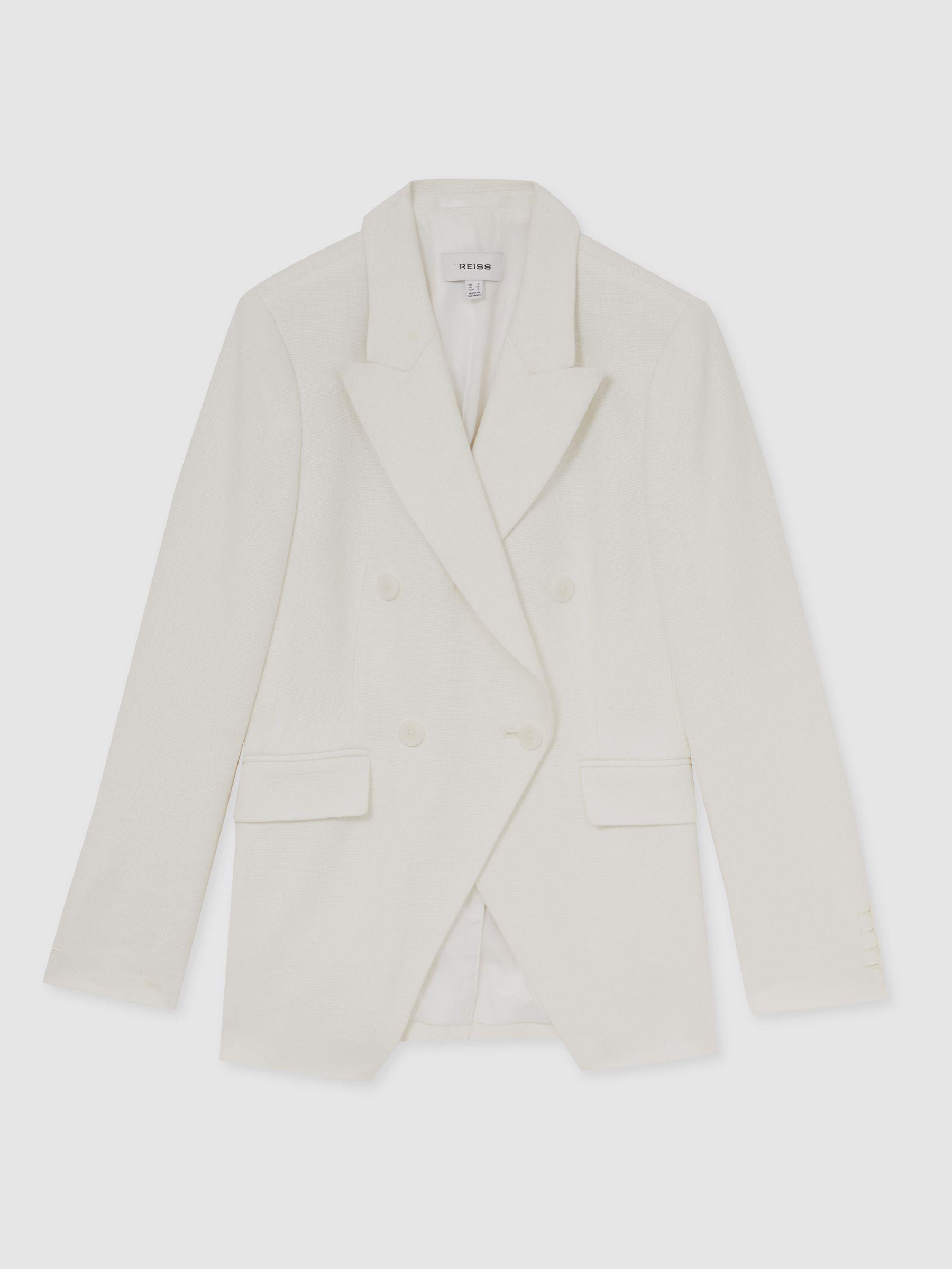 Linen-Blend Double-Breasted Suit Jacket in White Product Image