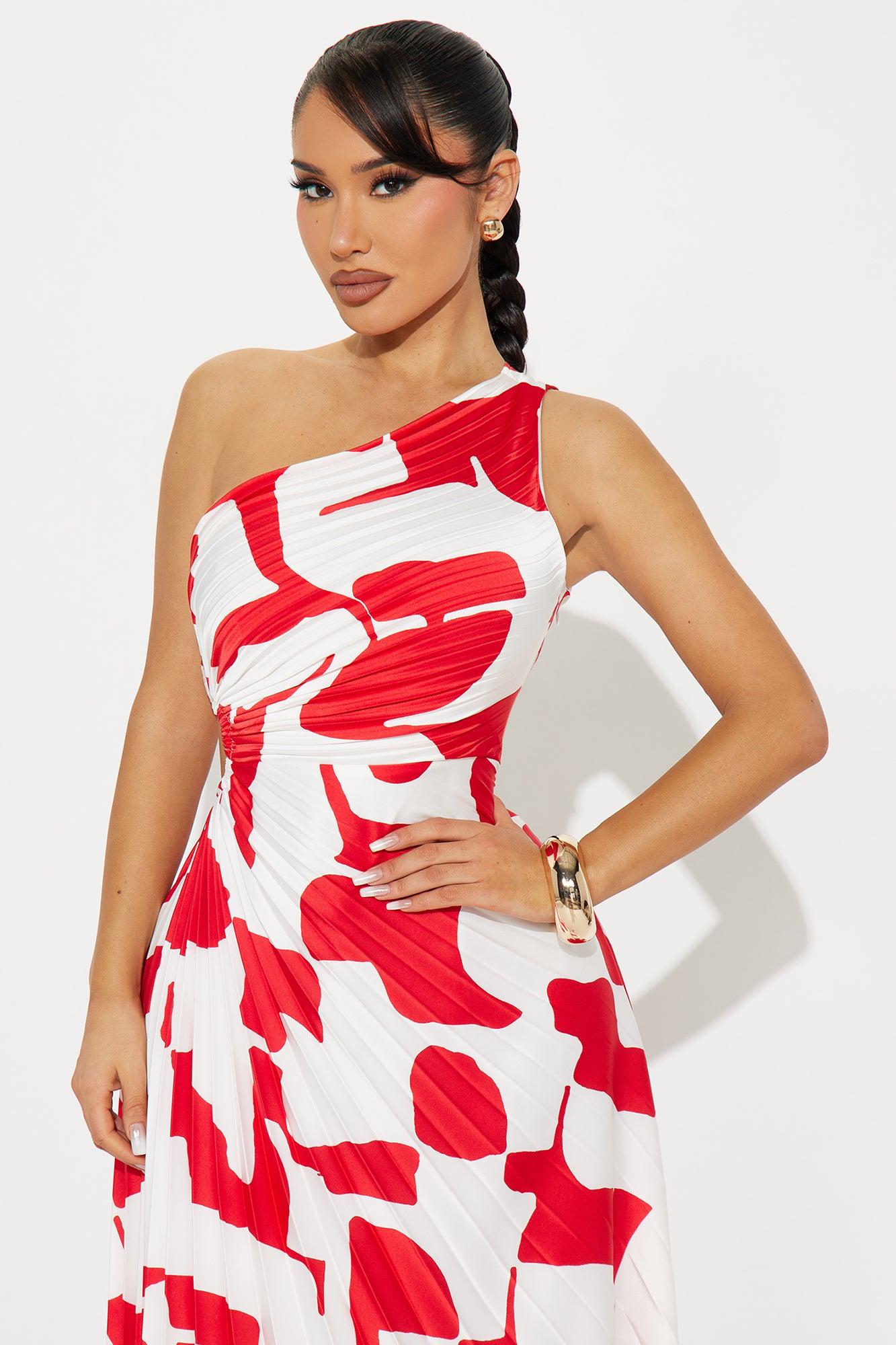 Tia Satin Midi Dress - Red/White Product Image