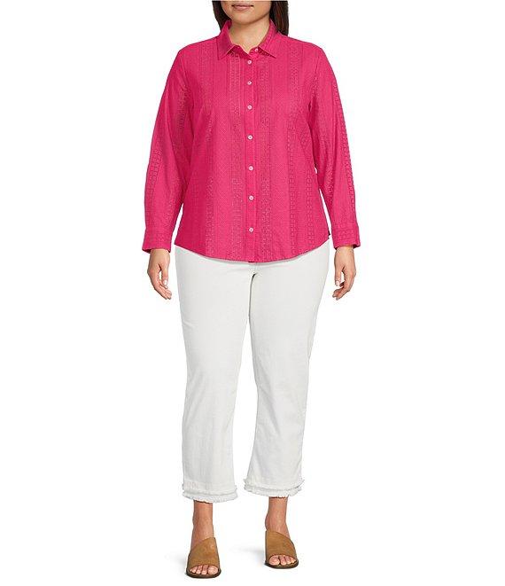 Foxcroft Plus Size Zoey Cotton Eyelet Long Sleeve Button Front Shirt Product Image