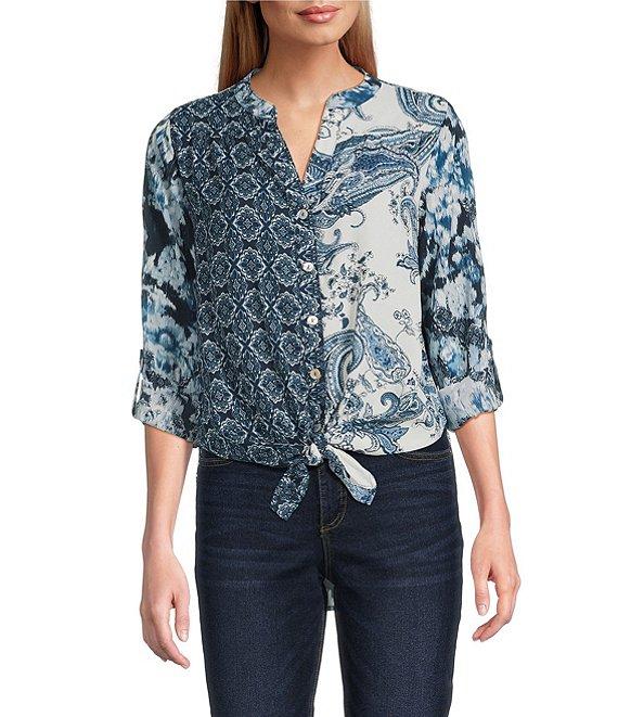 Figueroa & Flower Woven Printed Mandarin Collar Long Roll-Tab Sleeve Tie Front Blouse Product Image