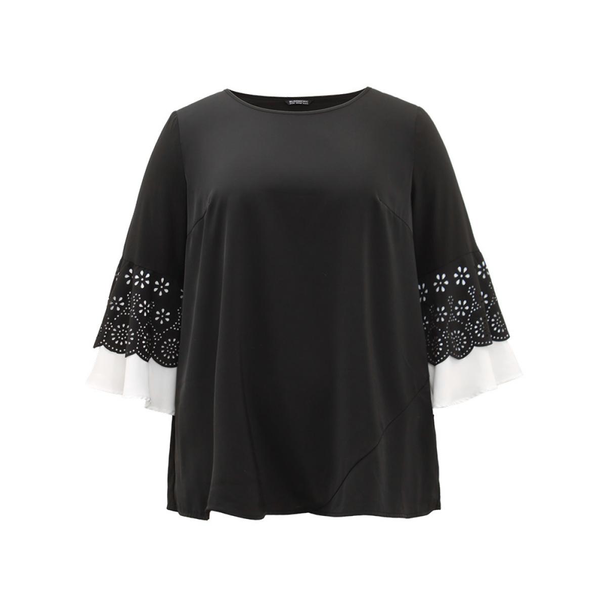 Plus Size Black Anti-Wrinkle Laser Cut Contrast Ruffles Blouse Women Office Long Sleeve Round Neck Office Blouses BloomChic 12/L Product Image