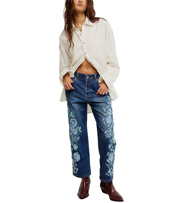 Free People We the Free Willow Floral Embroidered Mid Rise Boyfriend Jeans Product Image