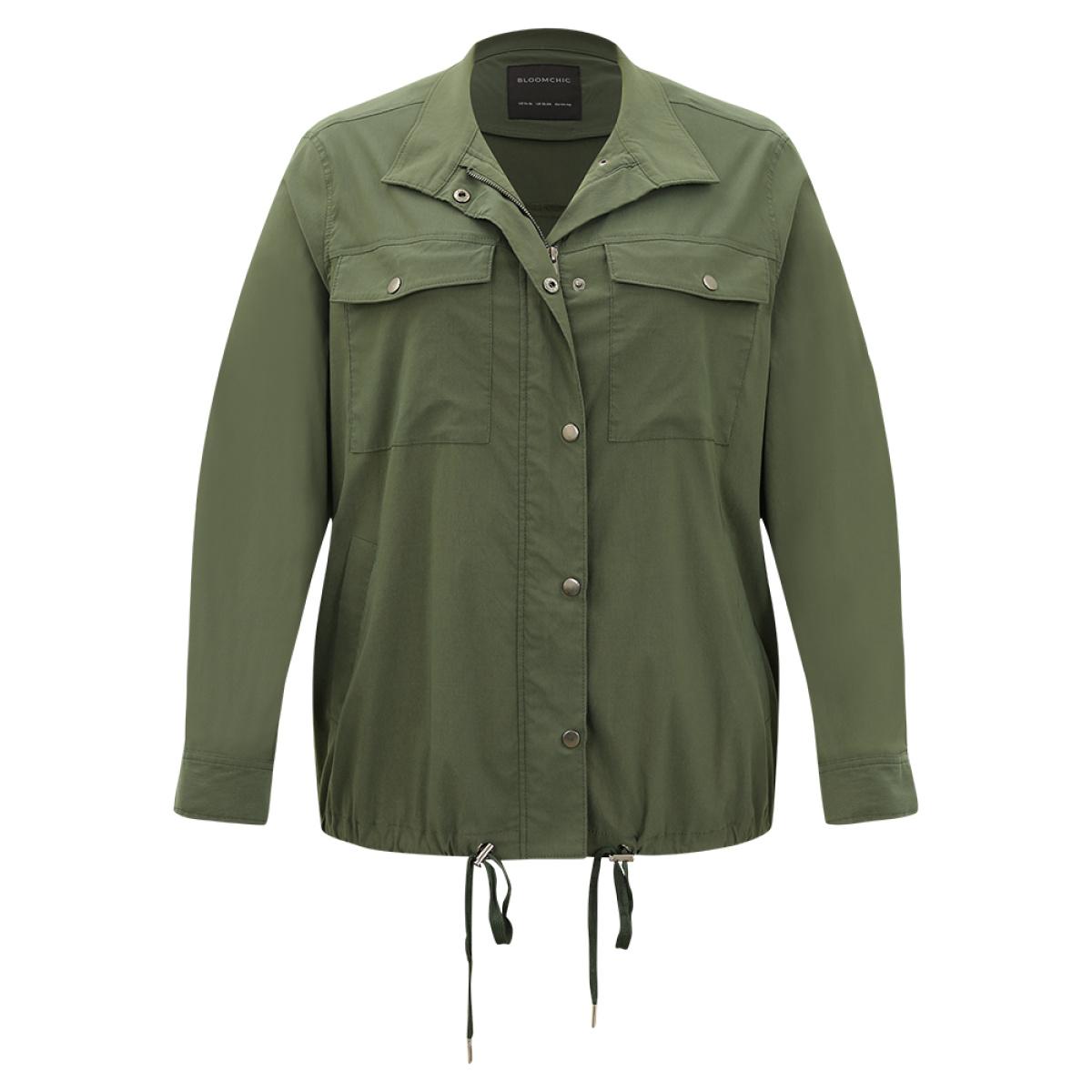 Plus Size Plain Drawstring Hem Zipper Fly Flap Pocket Jacket Women Sage Plain Pocket Everyday Jackets BloomChic 12/L Product Image