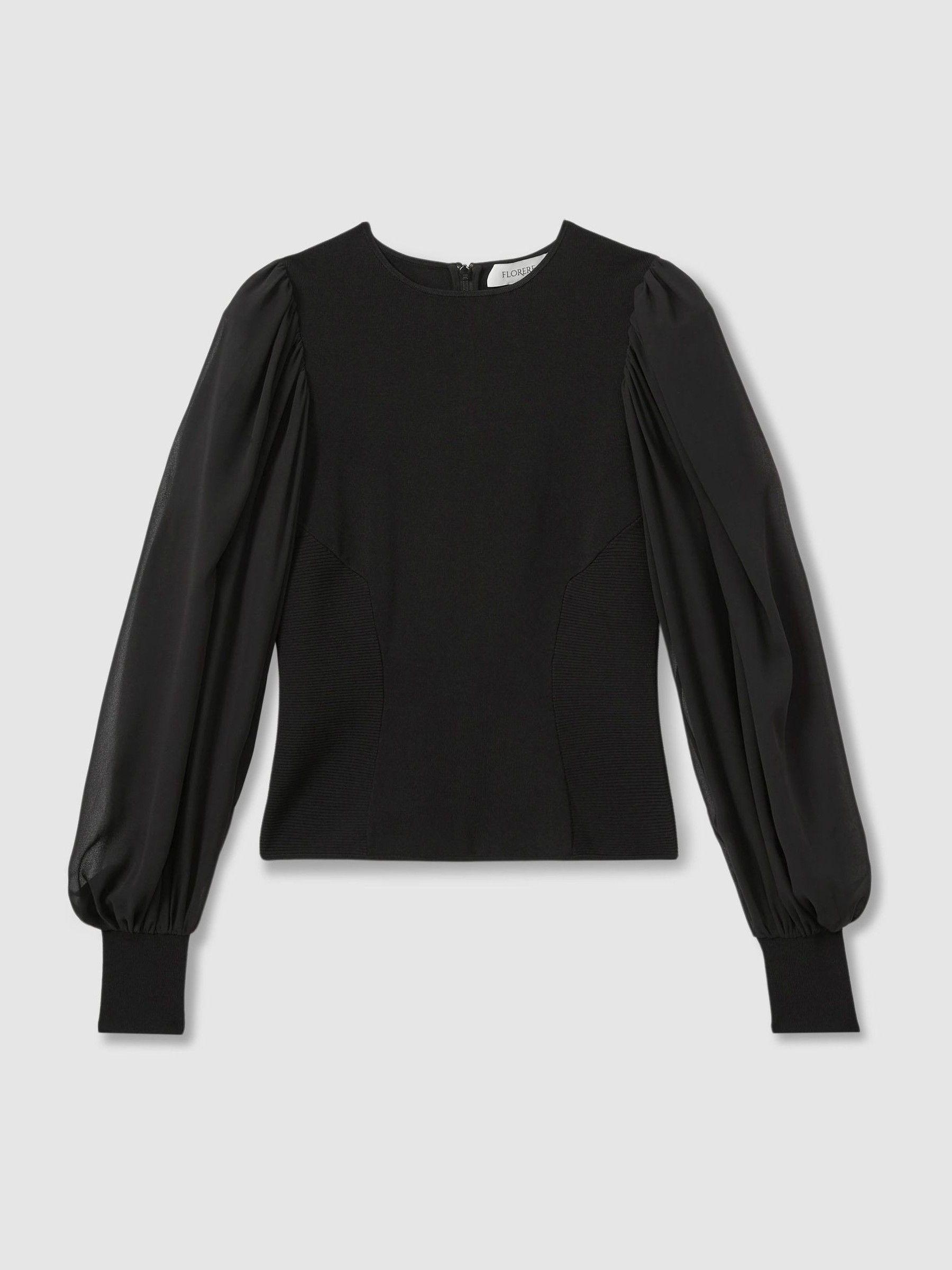 Florere Hybrid Knit Sheer Sleeve Black Top in Black Product Image