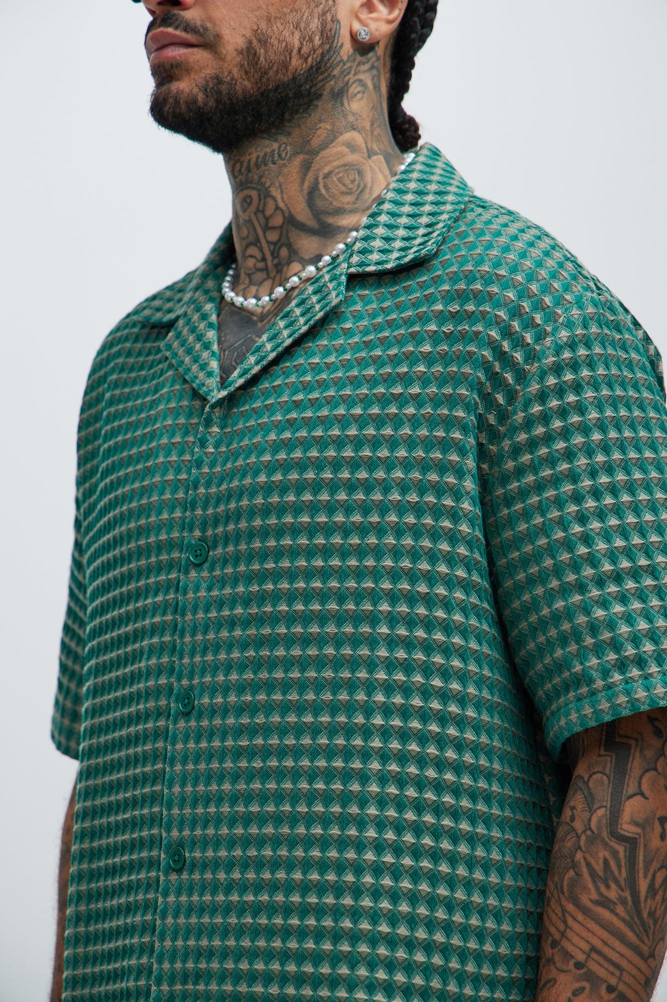 Dimensional Textured Button Up Shirt - Green/combo Product Image