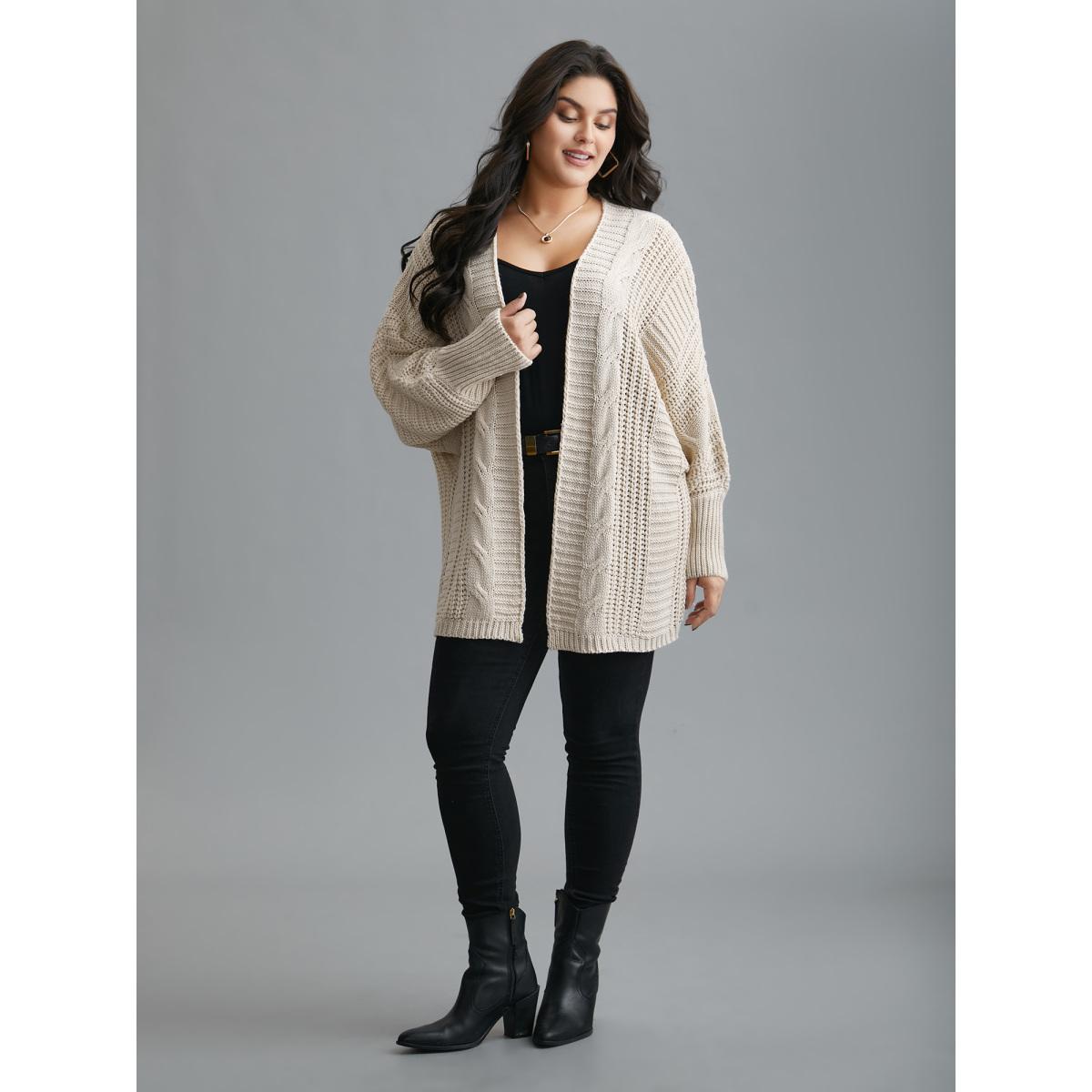 Plus Size Cable Knit Open-Front Ribbed Knit Cardigan Apricot Women Casual Loose Long Sleeve Everyday Cardigans BloomChic 10/M Product Image